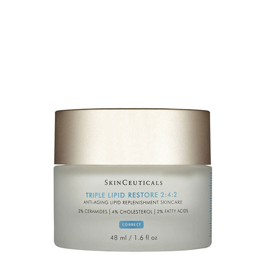 A skincare jar labeled "SkinCeuticals Triple Lipid Restore 2:4:2 Anti-Aging Lipid Replenishment Skincare" rests on a white background. The container holds 48 ml (1.6 fl oz) of product.