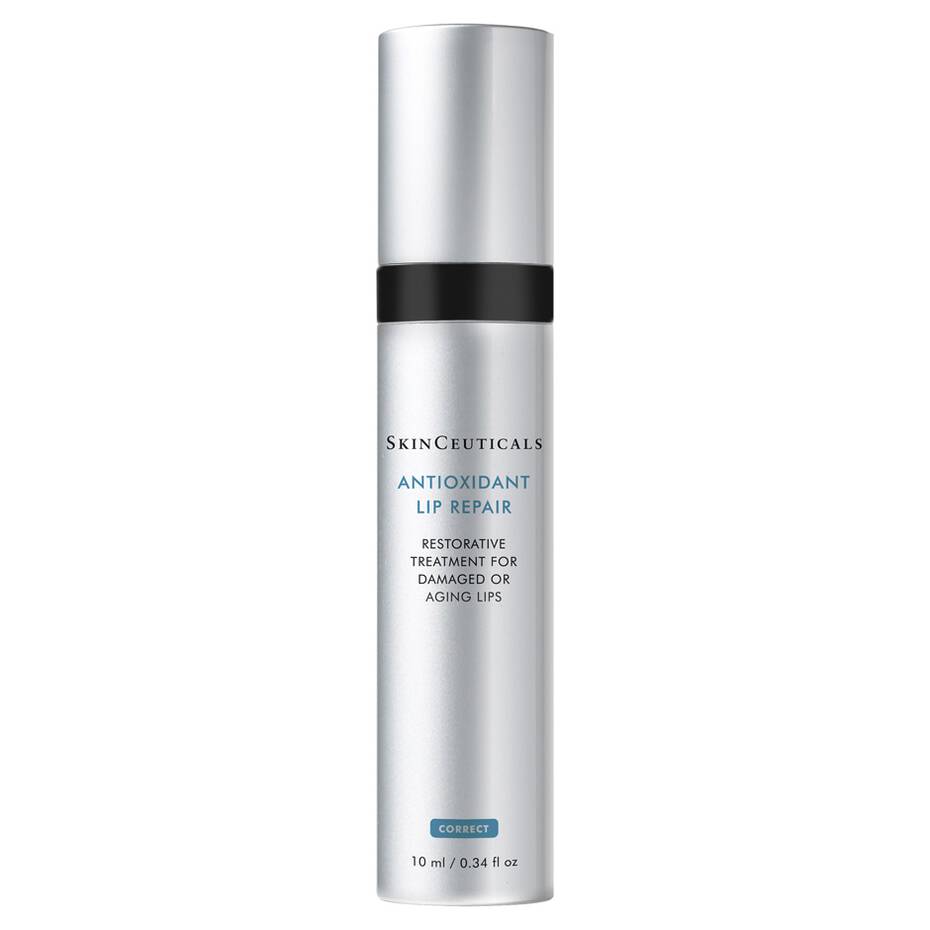 A silver cylindrical bottle labeled "SkinCeuticals Antioxidant Lip Repair, Restorative Treatment for Damaged or Aging Lips, Correct, 10 ml / 0.34 fl oz" stands upright against a white background.