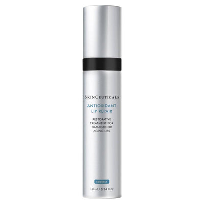 A silver cylindrical bottle labeled "SkinCeuticals Antioxidant Lip Repair, Restorative Treatment for Damaged or Aging Lips, Correct, 10 ml / 0.34 fl oz" stands upright against a white background.