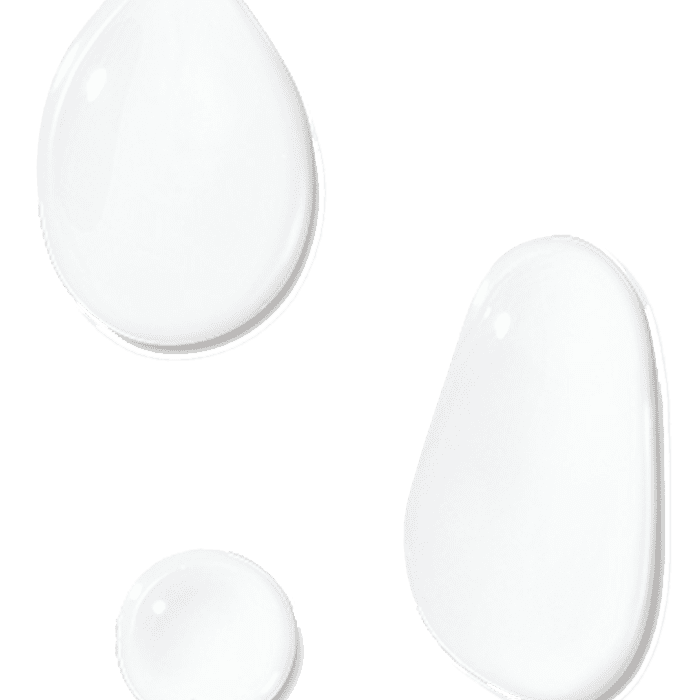 Three translucent, glossy droplets of varying sizes are suspended against a plain white background, exhibiting a smooth surface and subtle reflections suggesting a liquid or gel-like substance.