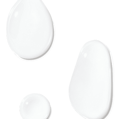 Three translucent, glossy droplets of varying sizes are suspended against a plain white background, exhibiting a smooth surface and subtle reflections suggesting a liquid or gel-like substance.