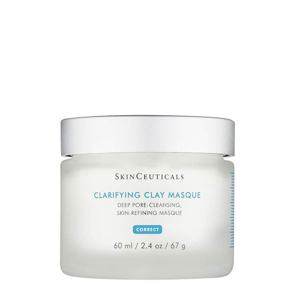 A white jar labeled "SkinCeuticals Clarifying Clay Masque" with text "Deep Pore-Cleansing, Skin-Refining Masque, CORRECT, 60 ml/2.4 oz/67 g" standing upright on a plain white background.