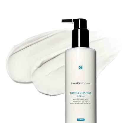 A white bottle of SkinCeuticals Gentle Cleanser Cream with a black pump sits in front of two swipes of white cream. Text: "Mild cleanser with allantoin softens while removing impurities."