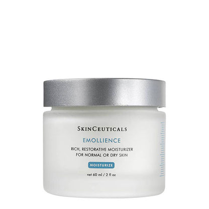 Jar of SkinCeuticals Emollience, a rich moisturizer for normal or dry skin, displayed against a white background. Text on jar: "MOISTURIZE 60 ml / 2 fl oz."