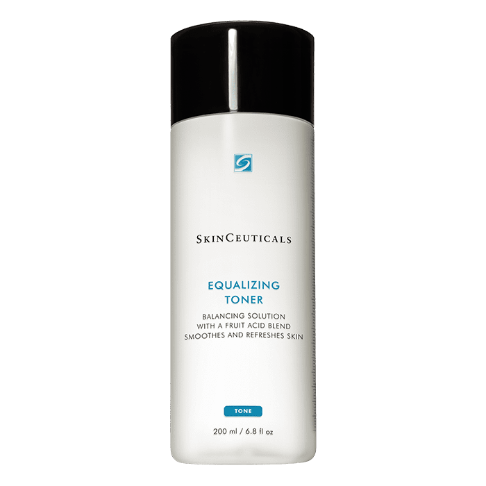 White plastic bottle with black cap, labeled "SkinCeuticals EQUALIZING TONER, BALANCING SOLUTION WITH A FRUIT ACID BLEND SMOOTHES AND REFRESHES SKIN" in a minimal design, containing 200 ml (6.8 fl oz).