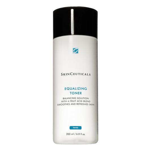 White plastic bottle with black cap, labeled "SkinCeuticals EQUALIZING TONER, BALANCING SOLUTION WITH A FRUIT ACID BLEND SMOOTHES AND REFRESHES SKIN" in a minimal design, containing 200 ml (6.8 fl oz).