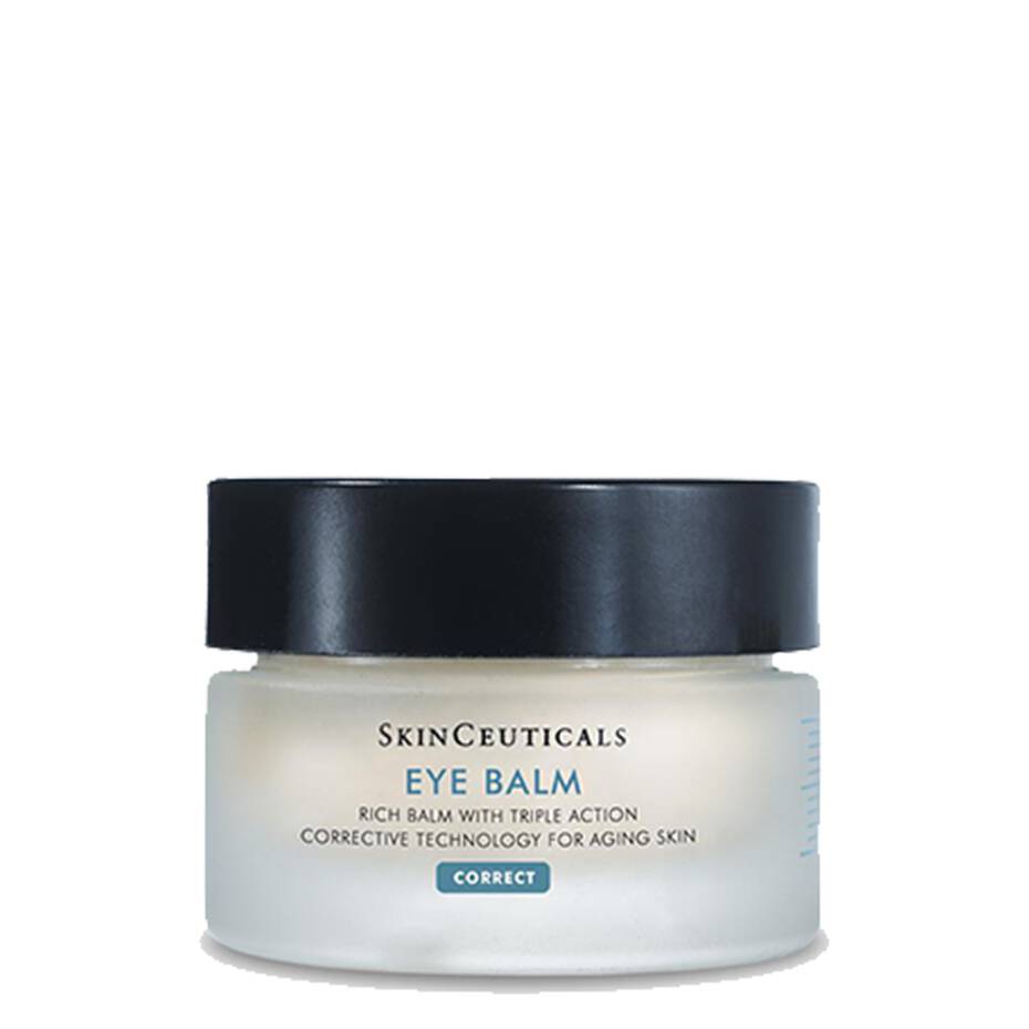 A frosted glass jar labeled "SkinCeuticals Eye Balm" with a black lid sits on a white background. Text: "Rich balm with triple action; corrective technology for aging skin."