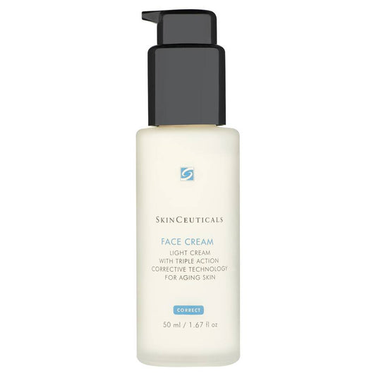 White bottle with black pump, labeled "SkinCeuticals FACE CREAM LIGHT CREAM WITH TRIPLE ACTION CORRECTIVE TECHNOLOGY FOR AGING SKIN CORRECT 50 ml / 1.67 fl oz" on it; plain, white background.