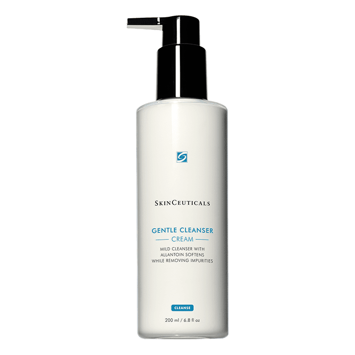 A white bottle with a black pump dispenser labeled "SkinCeuticals GENTLE CLEANSER CREAM: MILD CLEANSER WITH ALLANTOIN SOFTENS WHILE REMOVING IMPURITIES" against a plain background. Contains 200 ml (6.8 fl oz).