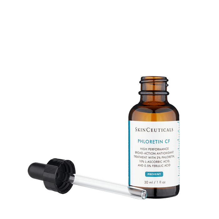 A brown dropper bottle labeled "SkinCeuticals Phloretin CF" is open with its black dropper alongside. The label reads: "High Performance Broad-Action Antioxidant Treatment with 2% Phloretin, 10% L-Ascorbic Acid, and 0.5% Ferulic Acid. Prevent. 30 ml / 1 fl oz." The background is plain white.