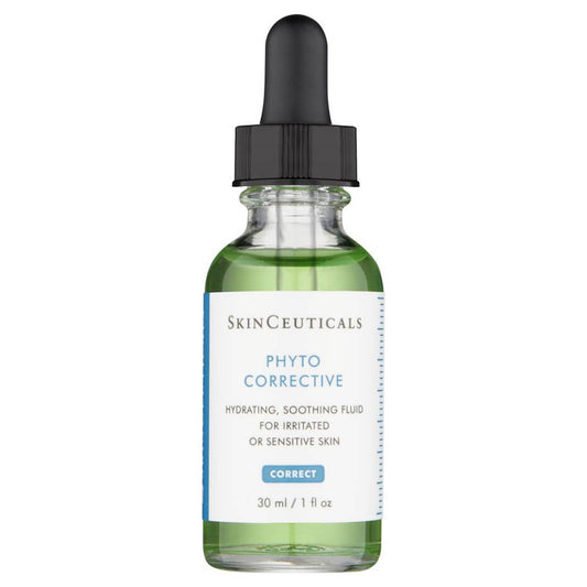 A green liquid in a transparent glass bottle with a black dropper. Text on the label: "SkinCeuticals PHYTO CORRECTIVE HYDRATING, SOOTHING FLUID FOR IRRITATED OR SENSITIVE SKIN, CORRECT, 30 ml / 1 fl oz."