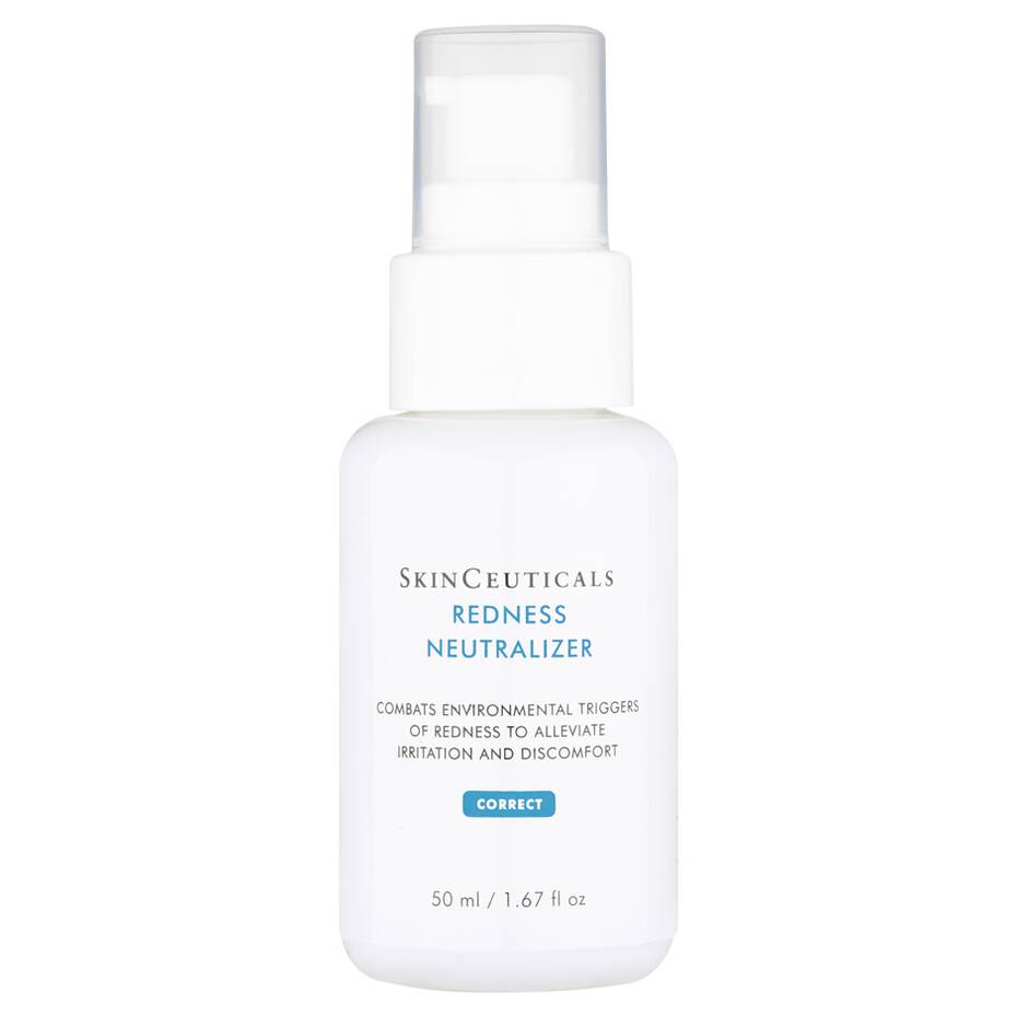 A white plastic bottle with a pump dispenser labeled "SkinCeuticals REDNESS NEUTRALIZER" situated on a white background. Text on the bottle reads: "COMBATS ENVIRONMENTAL TRIGGERS OF REDNESS TO ALLEVIATE IRRITATION AND DISCOMFORT. CORRECT. 50 ml / 1.67 fl oz."