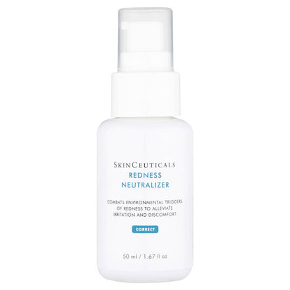 A white plastic bottle with a pump dispenser labeled "SkinCeuticals REDNESS NEUTRALIZER" situated on a white background. Text on the bottle reads: "COMBATS ENVIRONMENTAL TRIGGERS OF REDNESS TO ALLEVIATE IRRITATION AND DISCOMFORT. CORRECT. 50 ml / 1.67 fl oz."