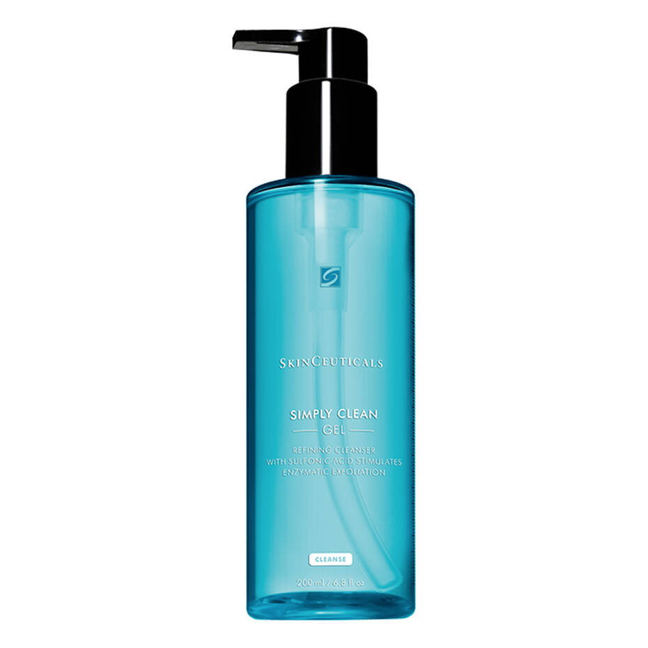 A blue bottle labeled "SkinCeuticals Simply Clean Gel" with a black pump dispenser. Text reads: "Refining Cleanser with Sulfonic Acid Stimulates Enzymatic Exfoliation. Cleanse. 200 ml / 6.8 fl oz."