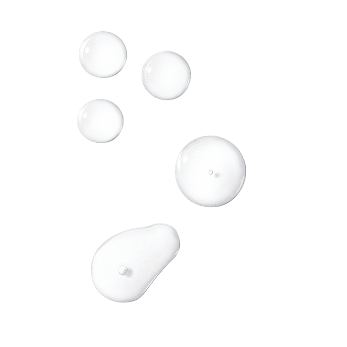 Five white, glossy gel droplets varying in size are scattered on a neutral, transparent background, appearing to float or rest in no specific pattern.