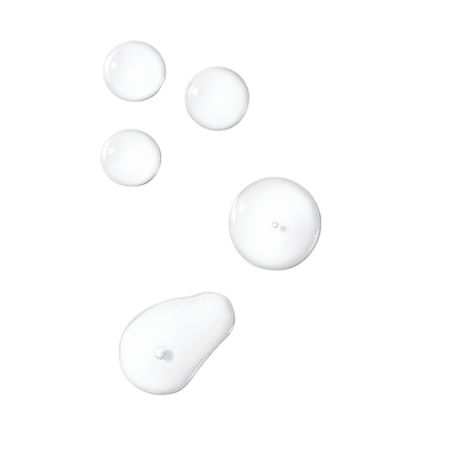Five white, glossy gel droplets varying in size are scattered on a neutral, transparent background, appearing to float or rest in no specific pattern.